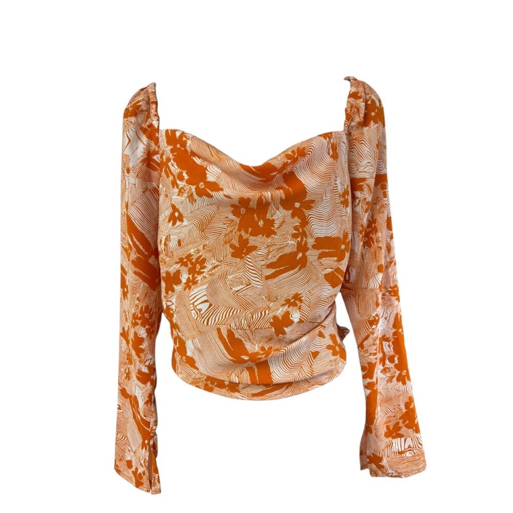 NORDSTROM OPEN EDIT Orange Floral Off Shoulder Smocked Square Neck Top Small‎ - Picture 4 of 9